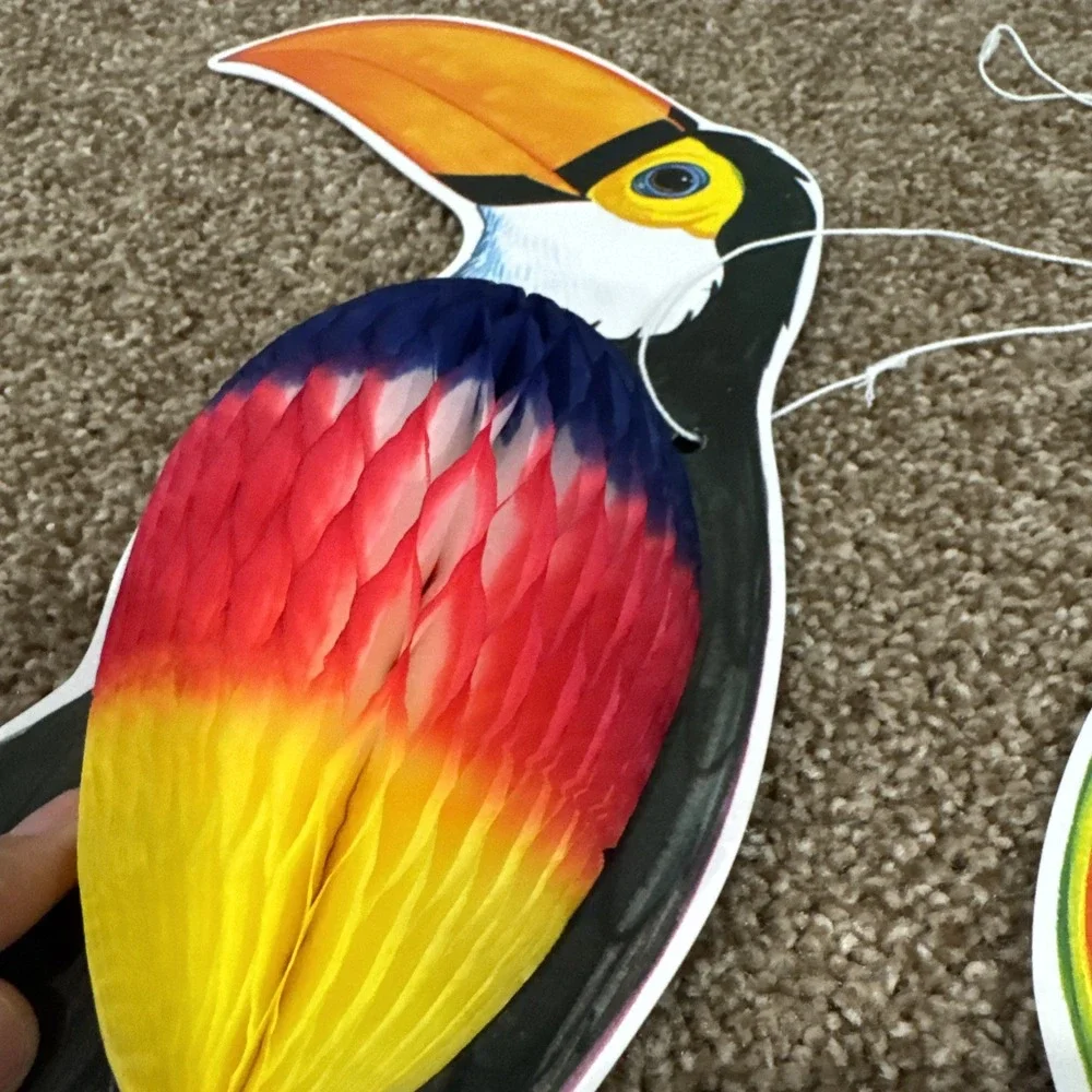 VTG Lot Of 3 Amscan Hanging Birds Toucan Parrot Decor Honeycomb Tissue Tiki